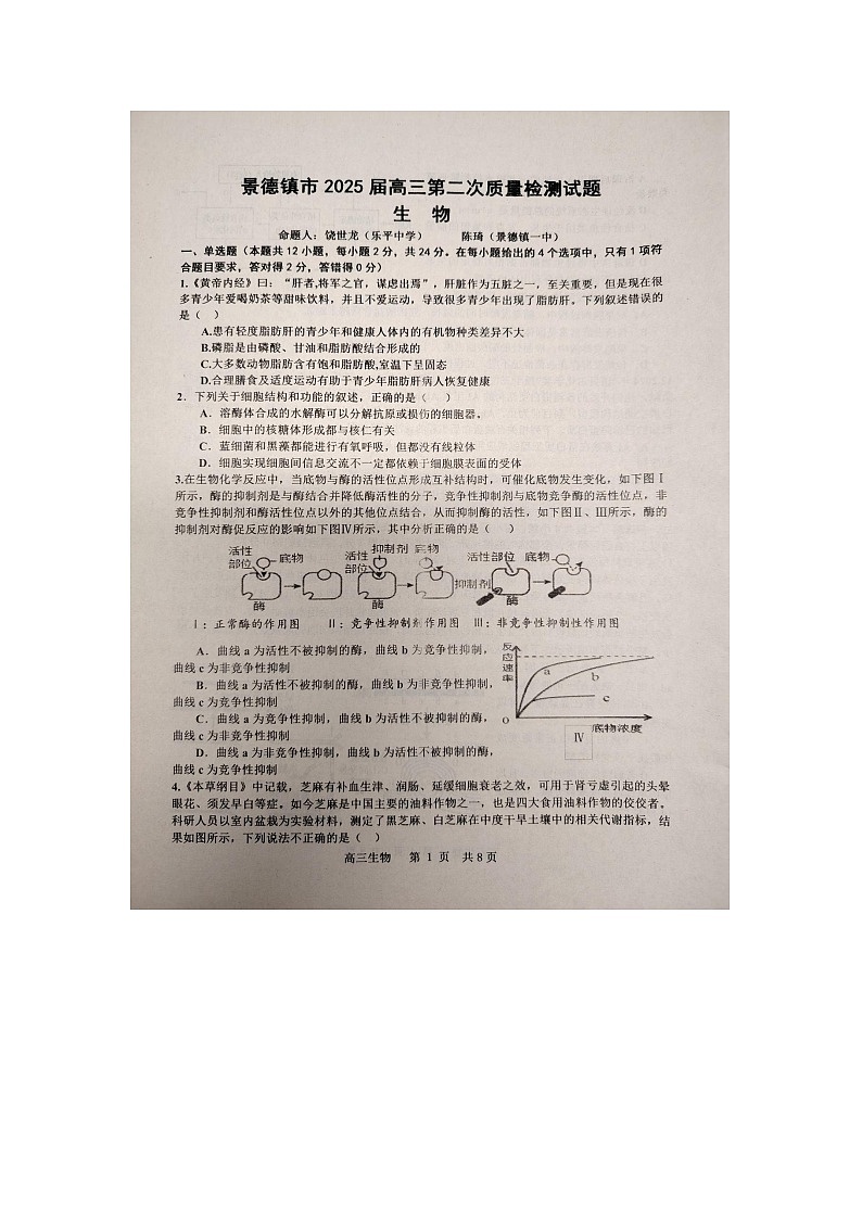 江西省景德镇市2025届高三上学期第二次质量检测生物试题（无答案）第1页