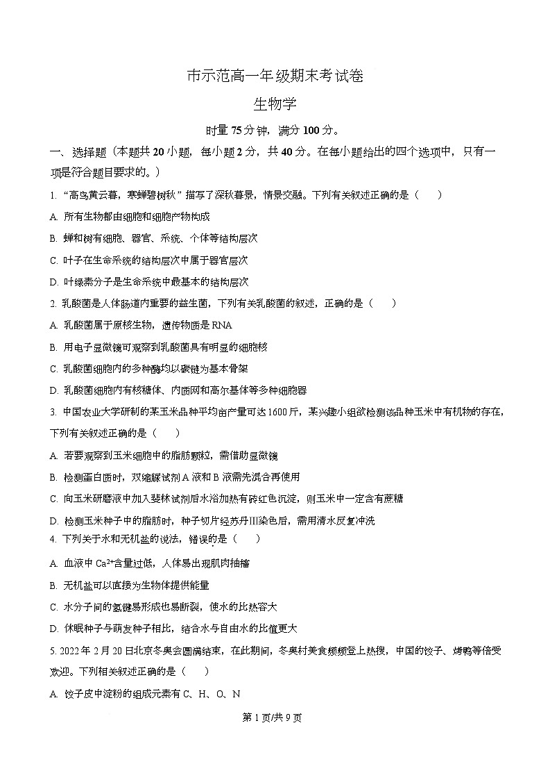 市示范2024-2025学年高一上学期期末生物试卷  Word版无答案第1页