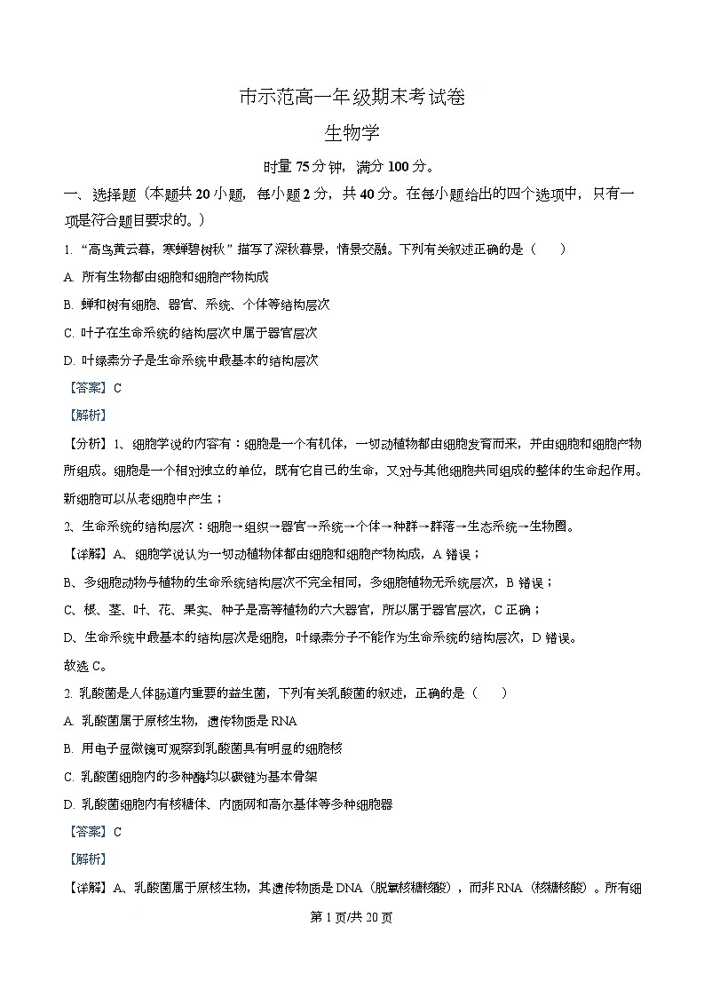 市示范2024-2025学年高一上学期期末生物试卷  Word版含解析第1页