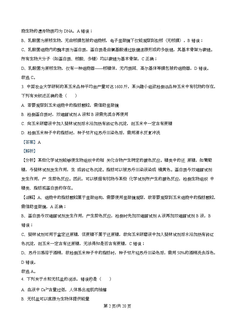 市示范2024-2025学年高一上学期期末生物试卷  Word版含解析第2页