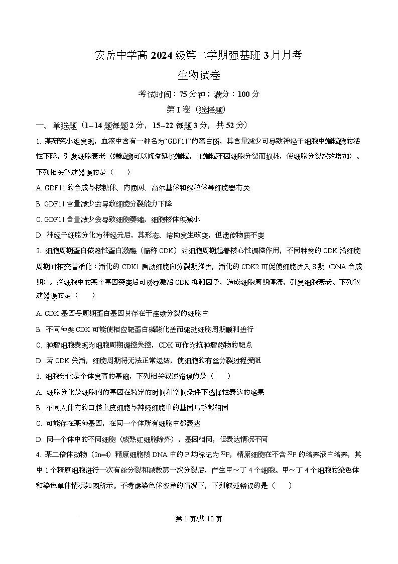 四川省资阳市安岳中学2024-2025学年高一（强基班）下学期3月月考生物试题（原卷版）第1页