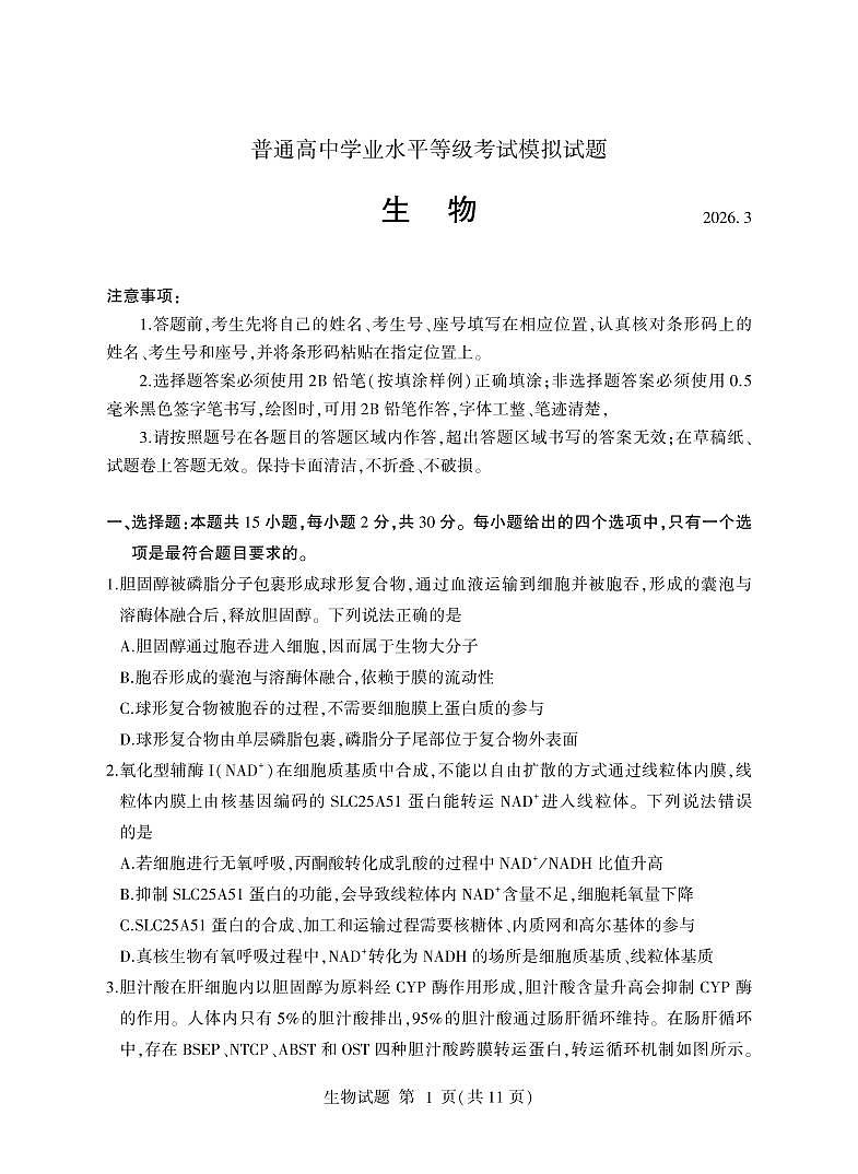 生物-山东省临沂市2026年普通高等学校招生全国统一考试试卷及答案（模拟）（临沂一模）第1页