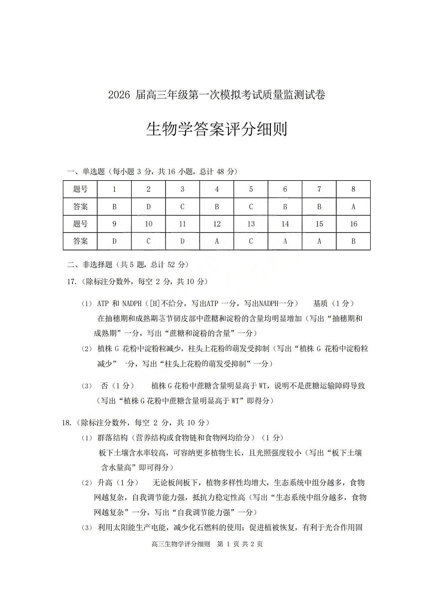 2026届高三年级第一次模拟考试质量监测试卷 生物答案第1页