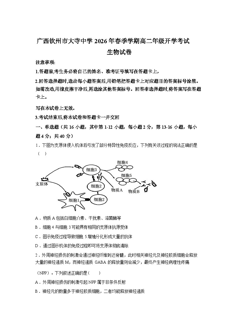 广西钦州市大寺中学2026年春季学期高二年级开学考试生物试卷含答案第1页