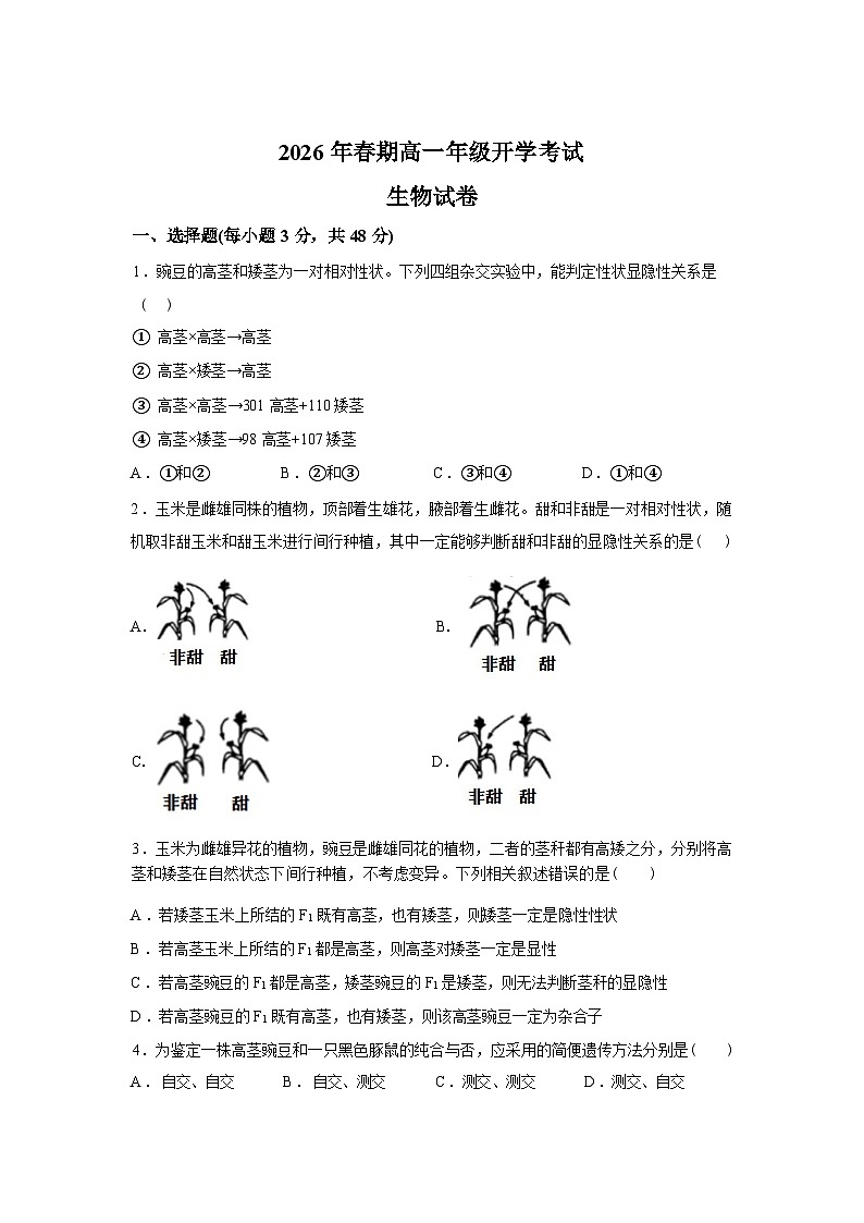 河南南阳市方城县第一高级中学2026年春期高一年级开学考试生物试卷含答案第1页