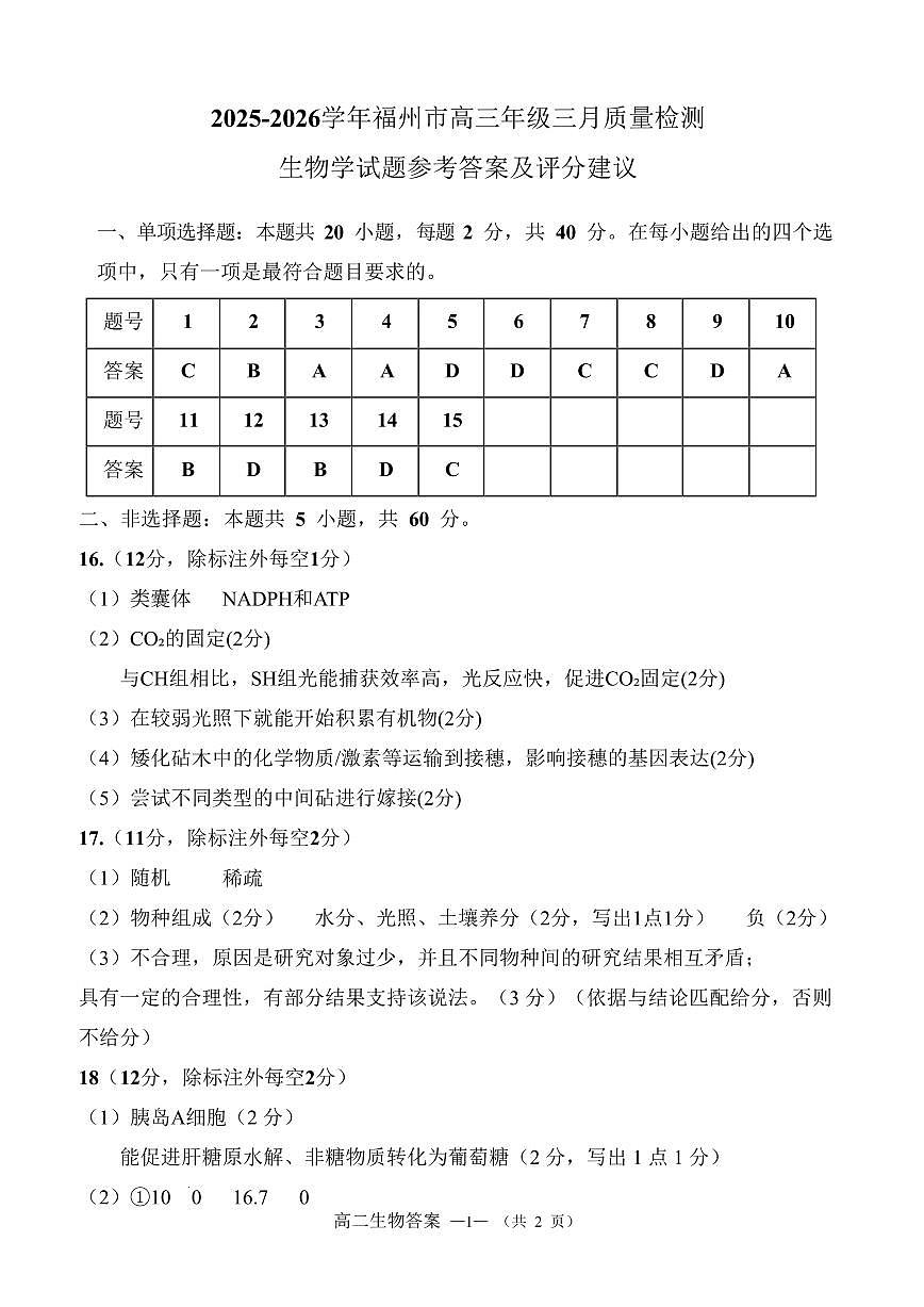 2025-2026学年福州市高三年级三月质量检测 生物答案第1页