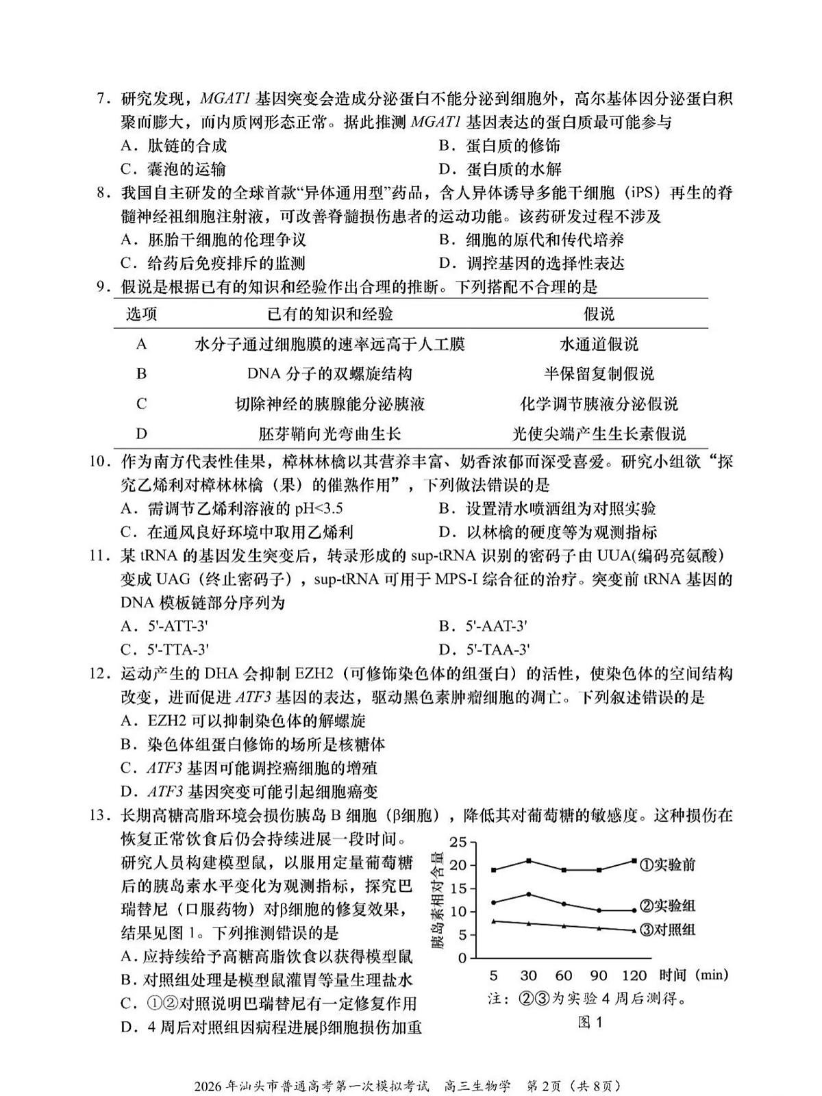 2026年汕头市普通高考第一次模拟考试 生物第2页