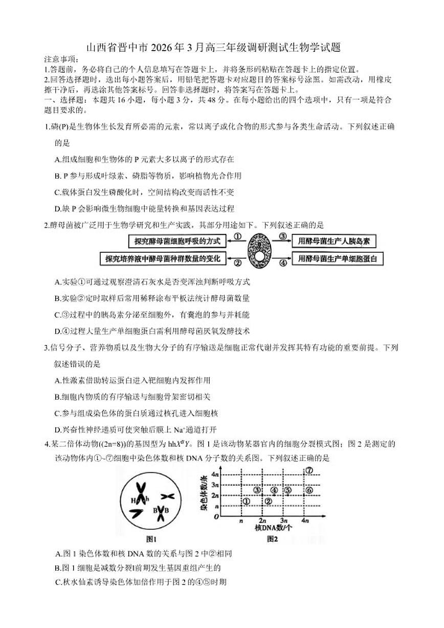 山西省晋中市2026年3月高三年级下学期月考调研测试生物学试题（含答案）第1页