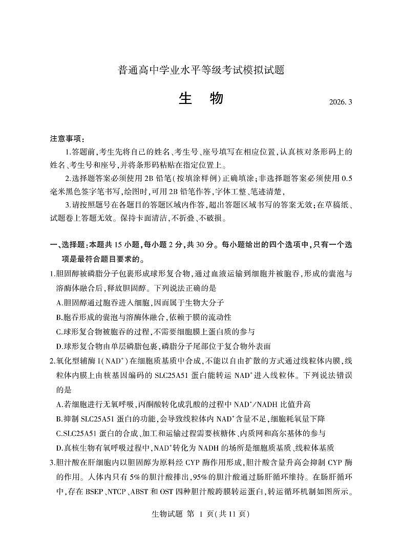 临沂市2026年普通高等学校招生全国统一考试（高考模拟）生物试卷及答案第1页