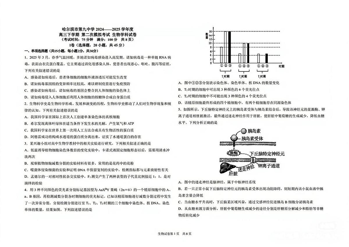 黑龙江省哈尔滨市第九中学校2024-2025学年高三下学期第二次模拟考试生物学科试卷（无答案）第1页