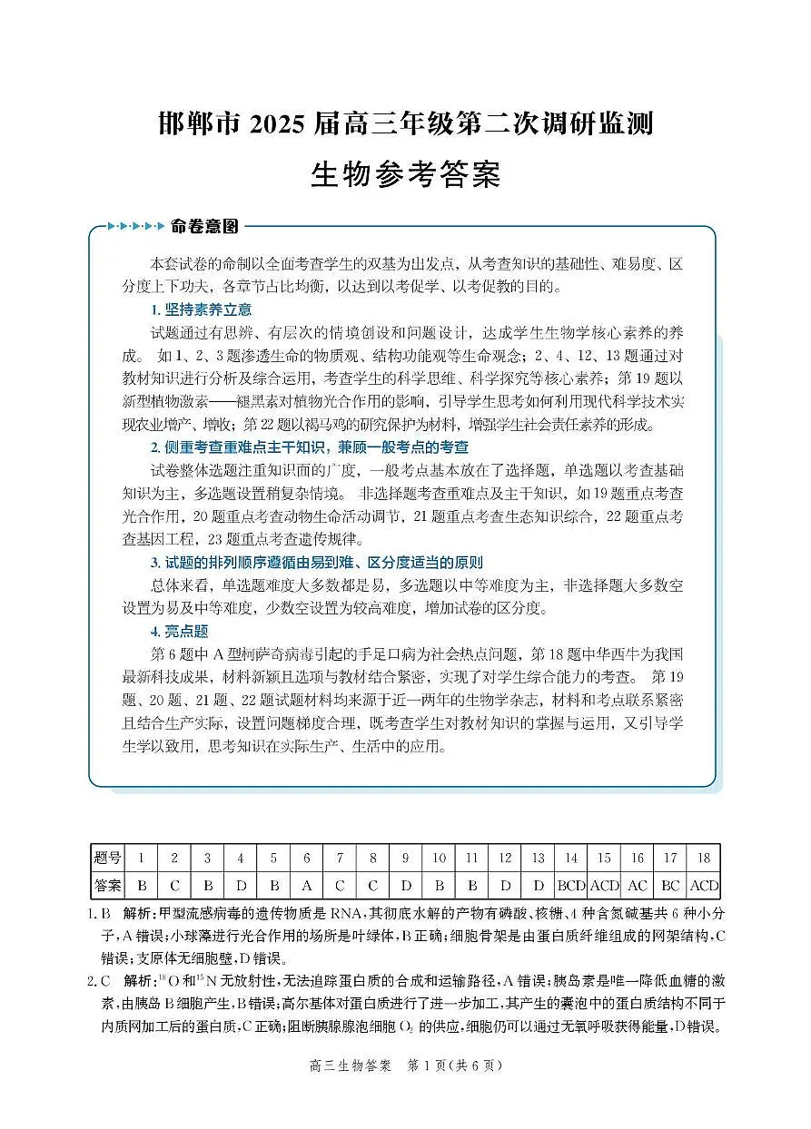 娌冲寳鐪侀偗閮稿競2025灞婇珮涓夌浜屾璋冪爺鐢熺墿璇曞嵎绛旀第1页