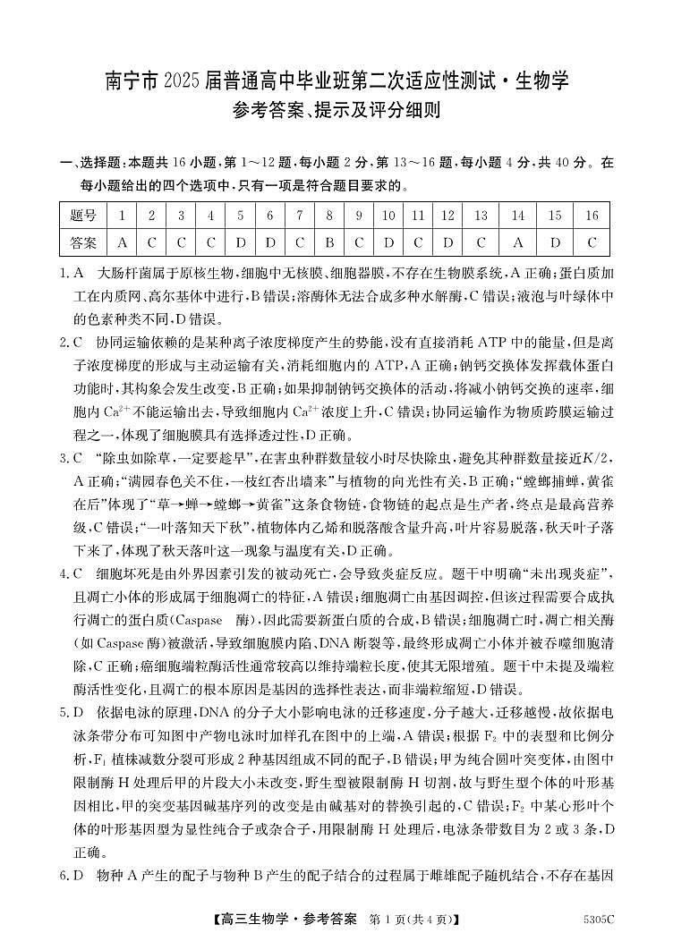 【南宁高三二模】南宁市2025届普通高中毕业班第二次适应性测试【生物答案】第1页