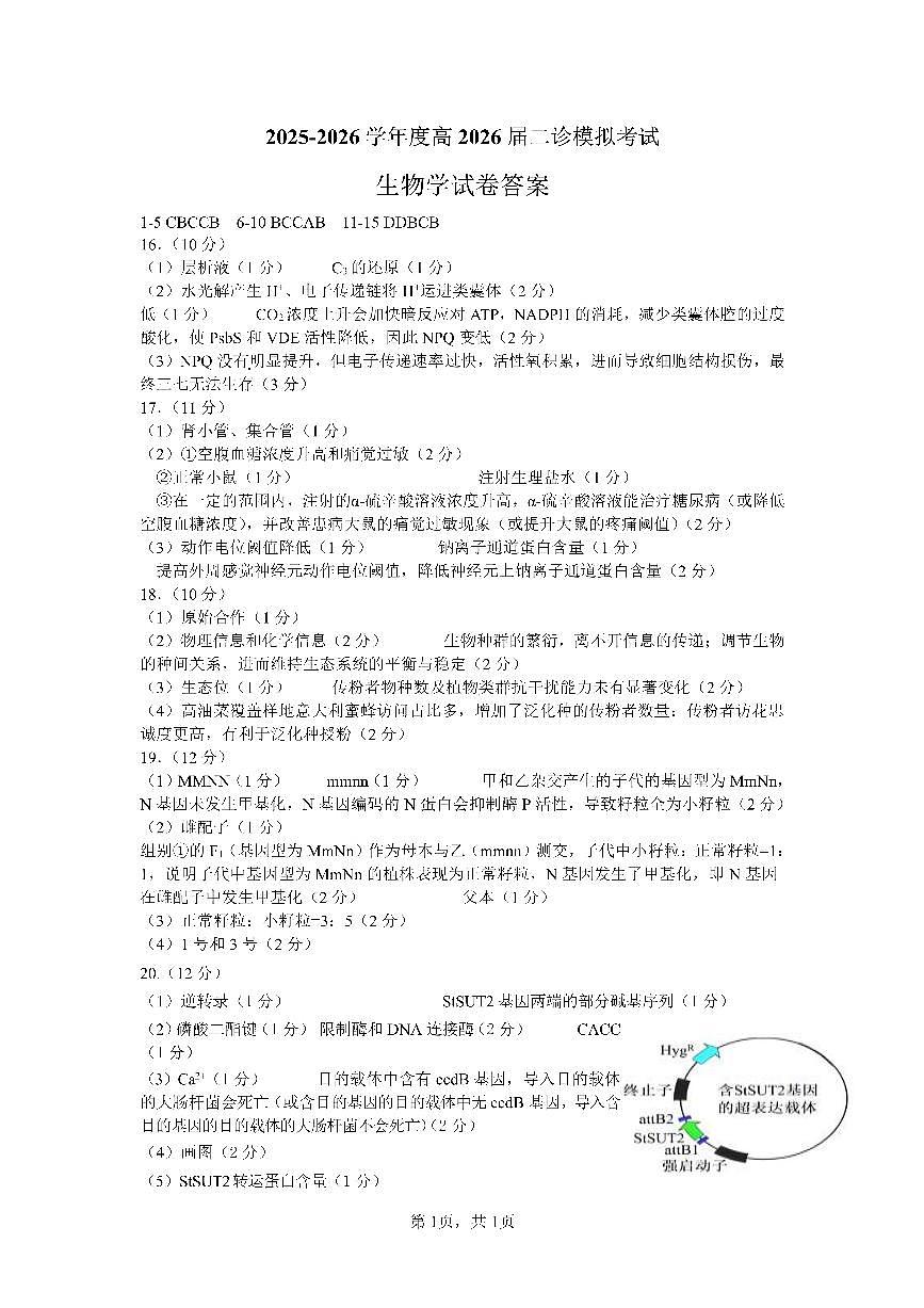 成都市第七中学2025~2026学年度下期高2026届二诊模拟考试 生物答案第1页