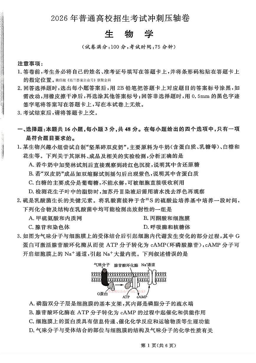2026年普通高校招生高三下学期3月冲刺压轴卷生物试题无答案第1页