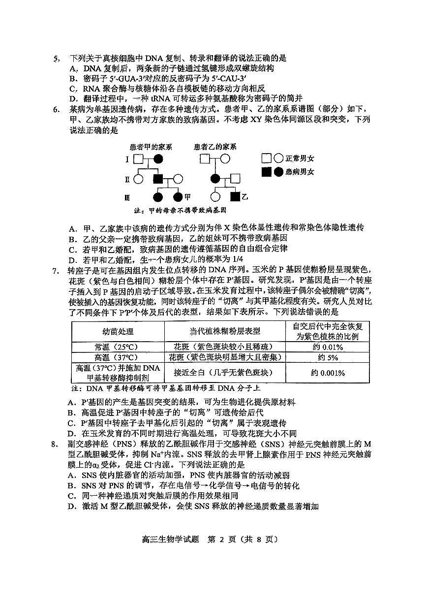 2026届山东省淄博市下学期高三一模 生物学试题及答案第2页