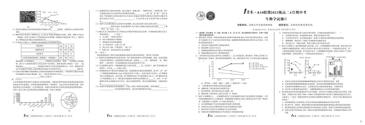 安徽省皖智1号卷A10联盟2024级高二下学期4月期中考生物试卷C（无答案）第1页