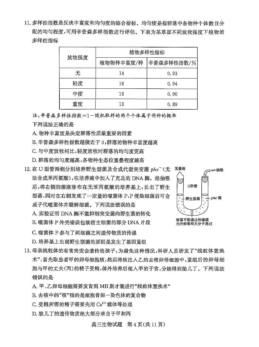 山东省滨州市2026届高三年级一模考试 生物第3页