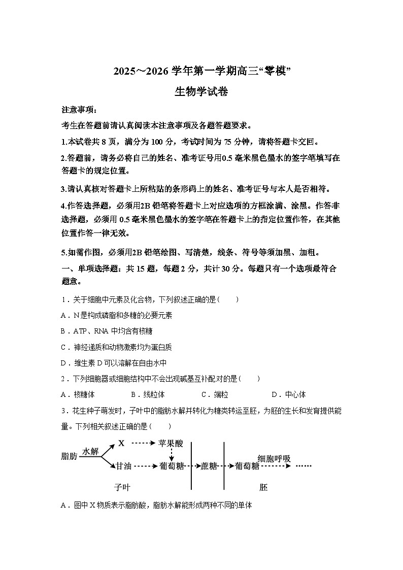 2026届江苏省镇江市高三一模生物试题含答案第1页