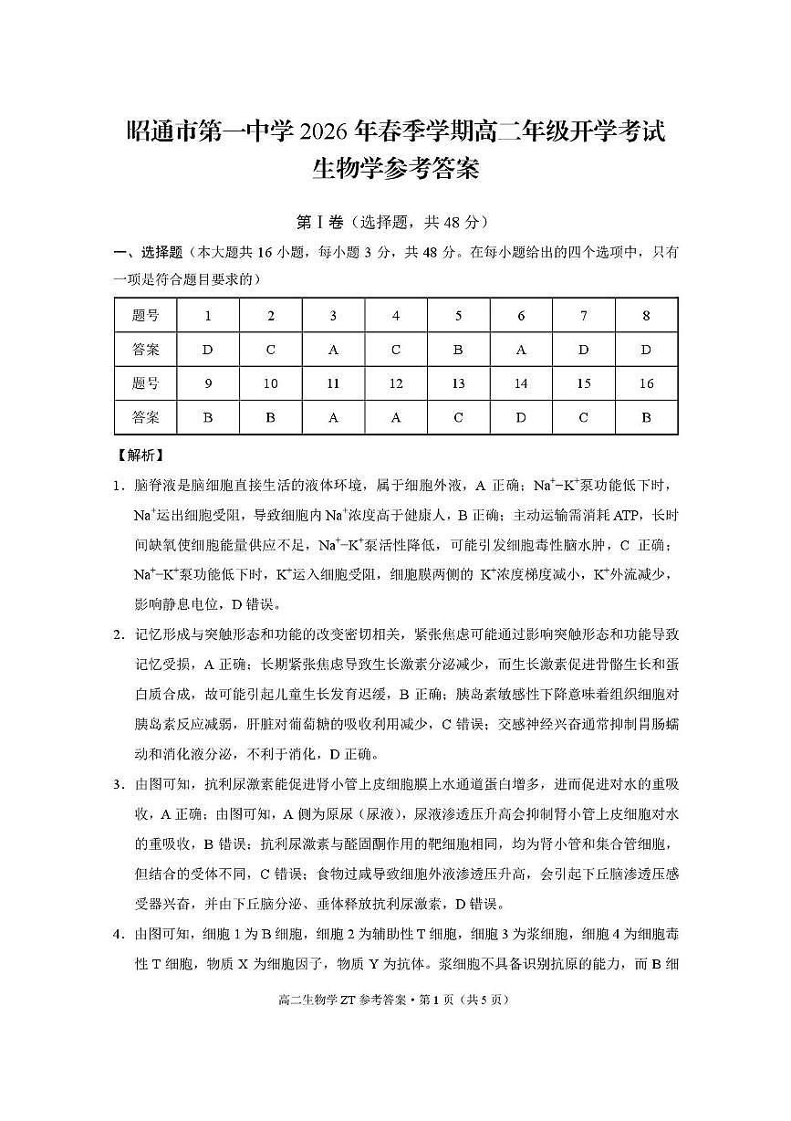 昭通市第一中学2026年春季学期高二年级开学考试生物-答案第1页