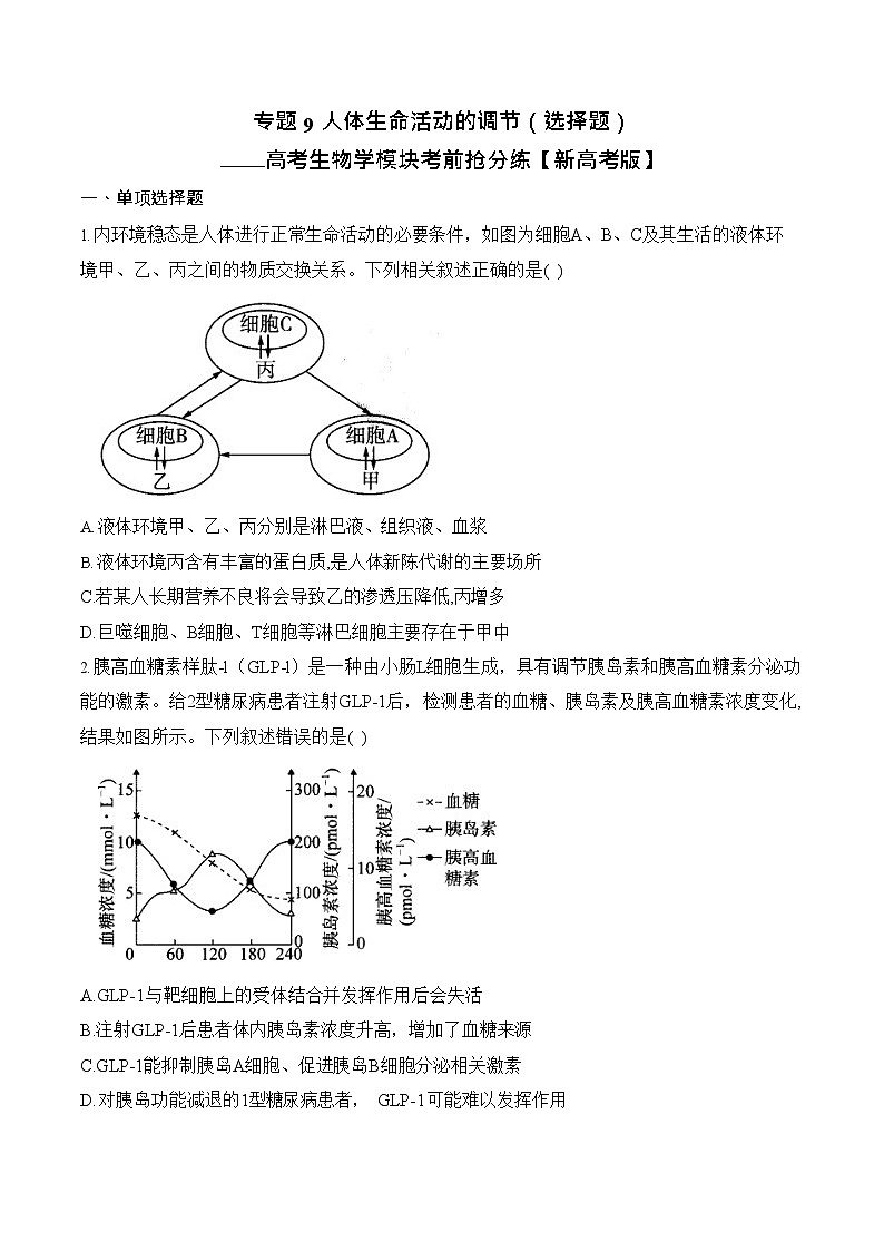 2026年高三高考生物二轮复习练习 专题9 人体生命活动的调节（选择题）第1页