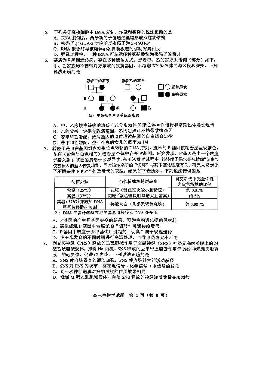 淄博市2025—2026学年度高三模拟考试生物学试题第2页