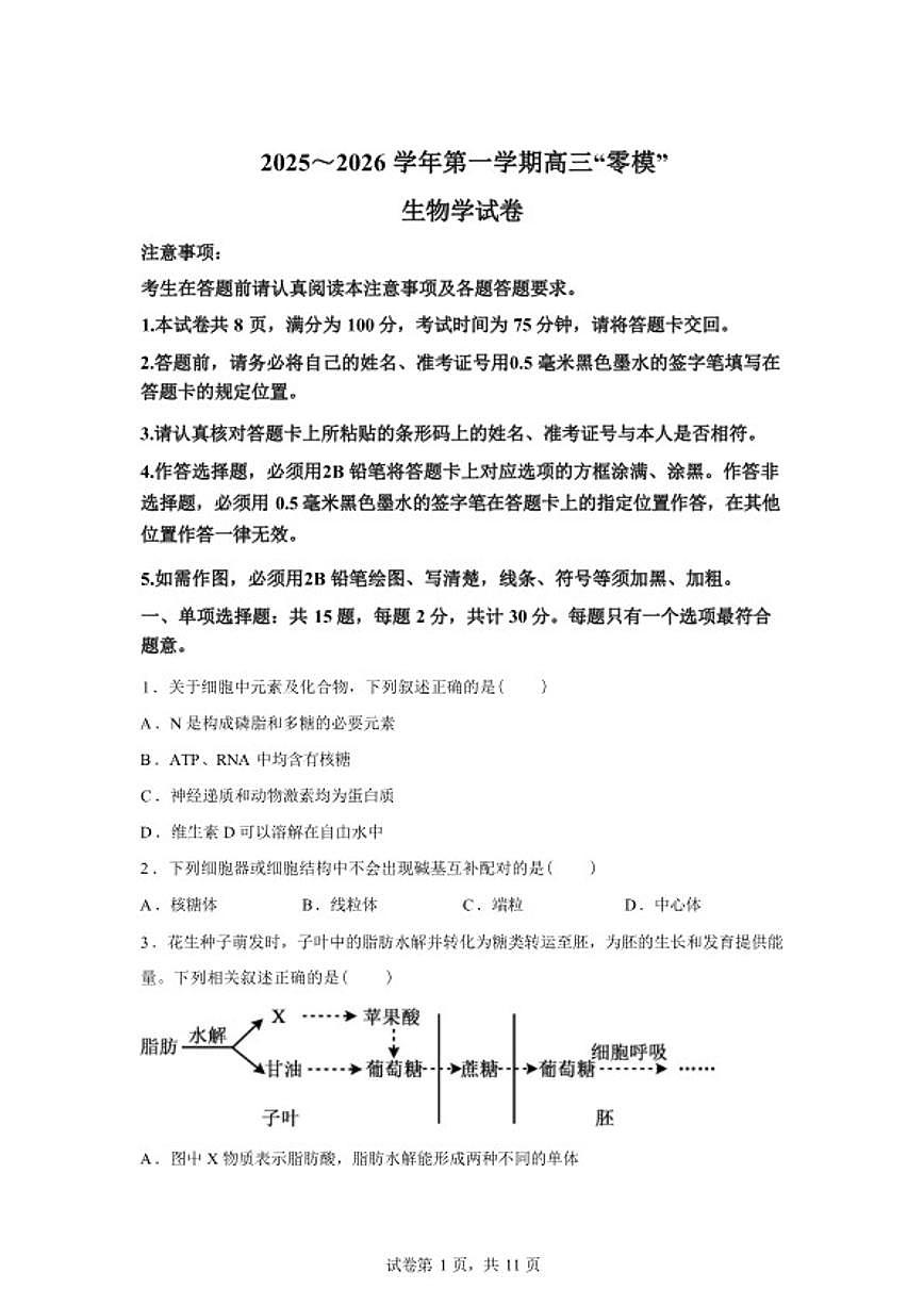 2026届江苏省镇江市高三下一模生物试题（含答案）第1页