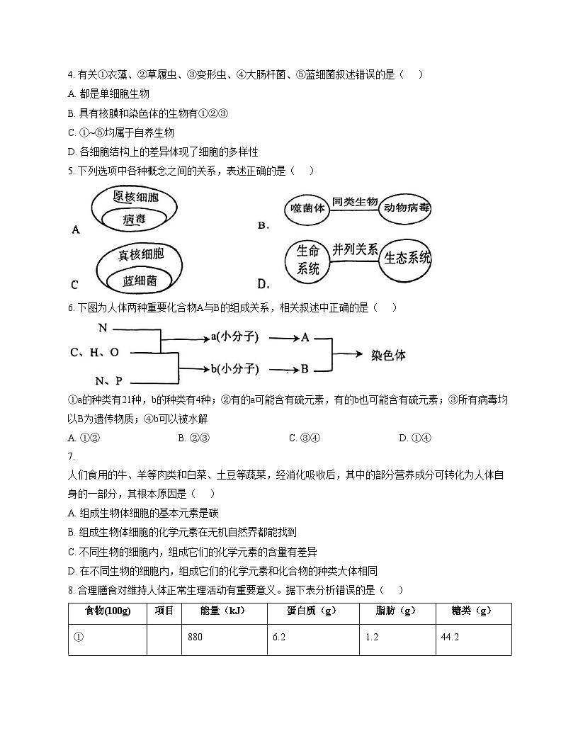 天津市南开中学滨海生态城学校2025_2026学年高一上学期11月期中生物试题（文字版，含答案）第2页
