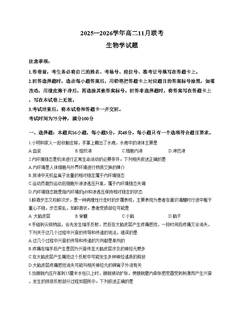 河南省百师联盟2025_2026学年高二上学期11月联考生物试题（文字版，含答案）第1页