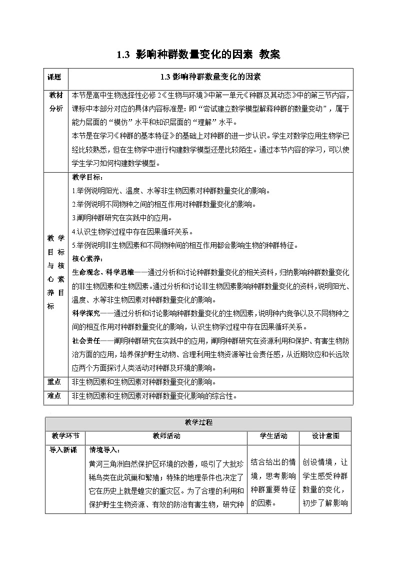 1.3 影响种群数量变化的因素-教学设计-高中生物2025-2026学年人教版（2019）选择性必修2第1页