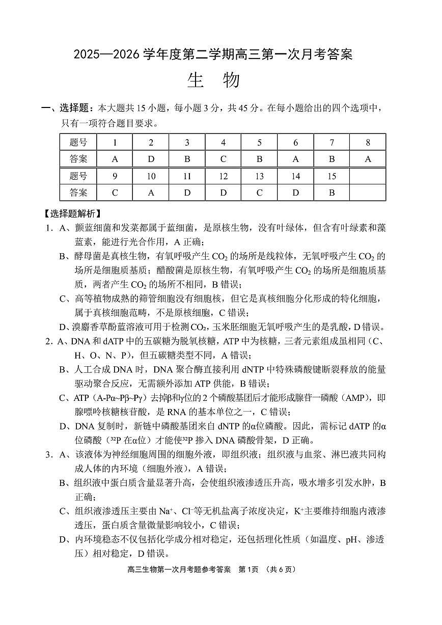 文昌中学2025一2026学年度第二学期高三第一次月考试题 生物答案第1页
