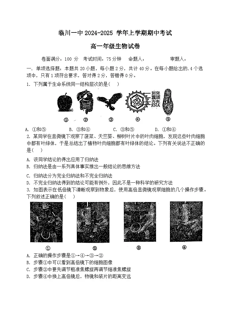 江西省临川第一中学2024-2025学年高一上学期期中考试生物试题第1页