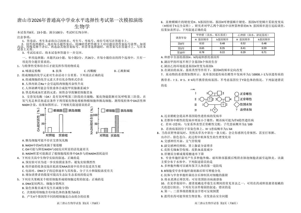 唐山市2026年普通高等学校招生统一考试第一次高考模拟演练 生物试卷无答案第1页