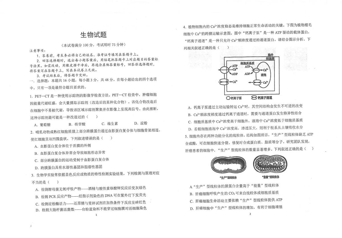 镇安中学2026届高三下学期高考模拟（二模）考试 生物试卷+答案第1页