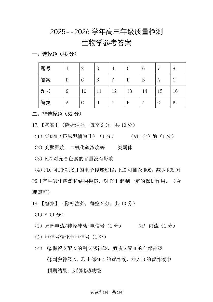 豫西北教研联盟（平许济洛）2026届高三下学期3月质量检测 生物答案第1页