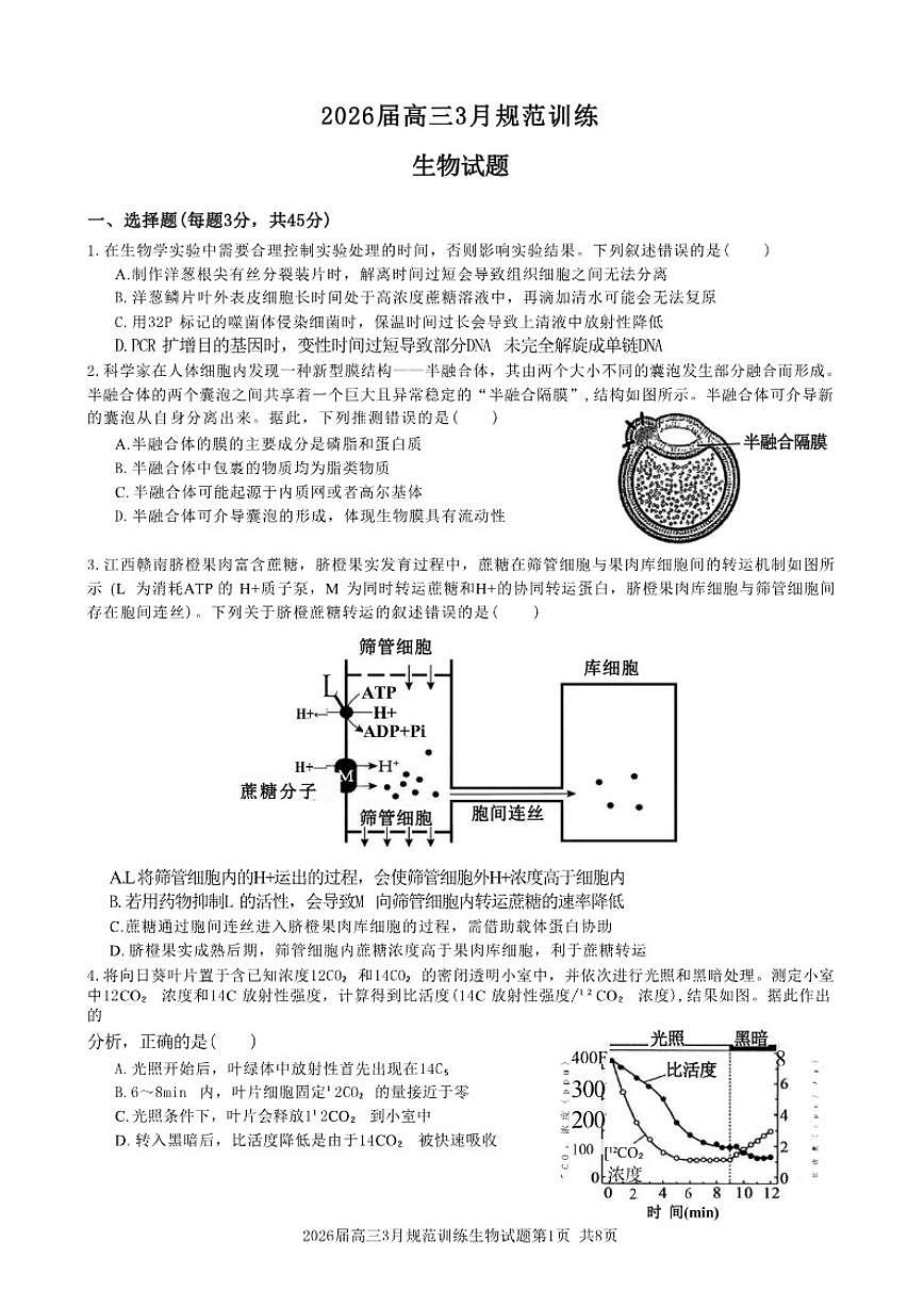 安徽省合肥市一六八中学2026年高三下3月份规范化训练生物学试卷（含答案）第1页