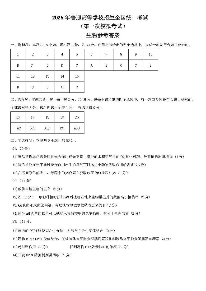 内蒙古包头市2026年高三第一次模拟考试 生物答案第1页
