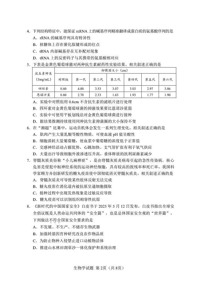 【生物学试卷】长沙市2026年高三模拟考试第2页