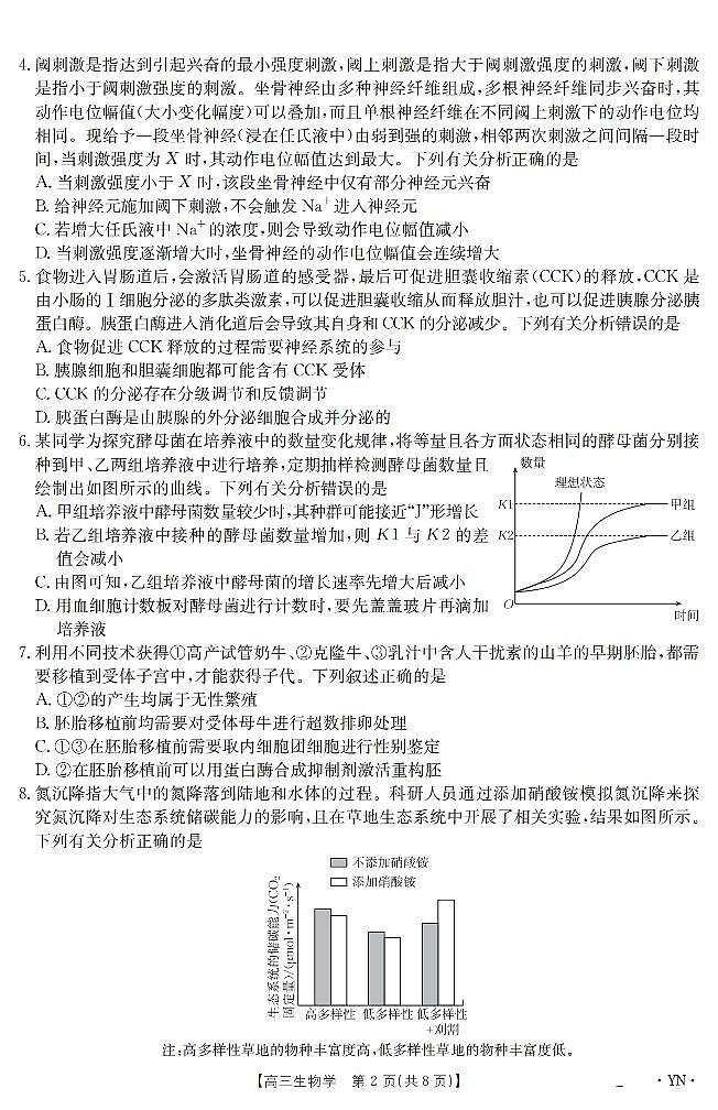 云南省金太阳2025届高三下学期3月百万大联考生物试卷（无答案）第2页