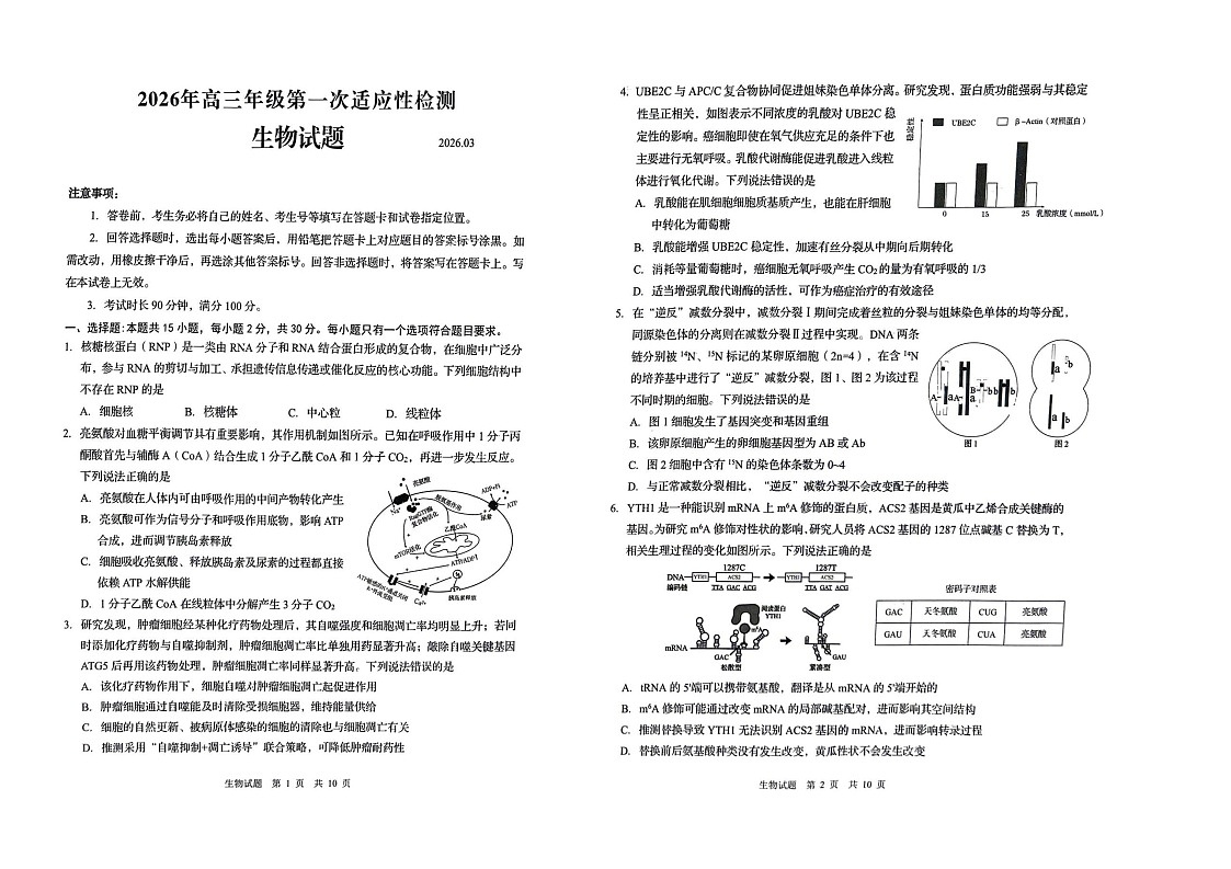 山东省青岛市2026届高三下学期高考一模生物试题第1页