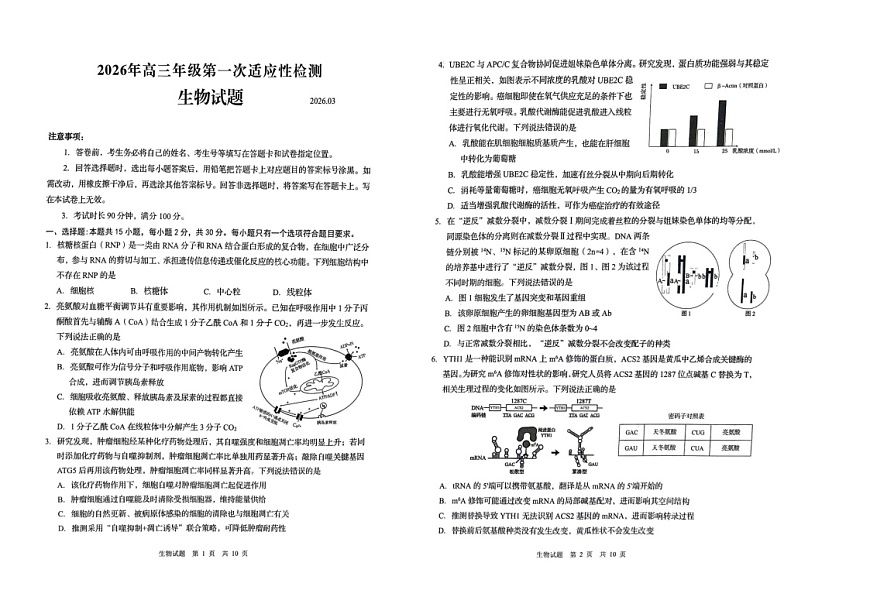 山东省青岛市2026届高三下学期高考一模生物试题第1页