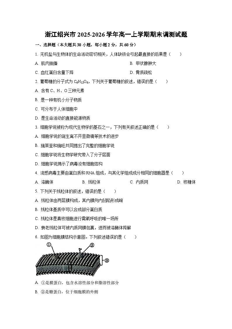 【生物】浙江绍兴市2025-2026学年高一上学期期末调测试题（学生版）第1页