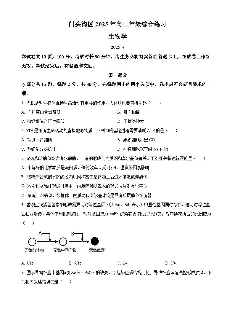 北京市门头沟区2025届高三一模考试生物试题（原卷版）第1页