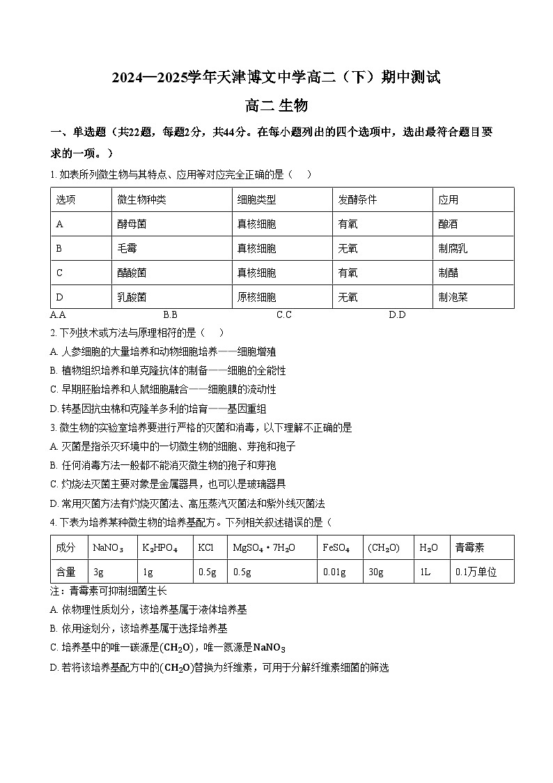 天津市博文中学2024_2025学年高二下学期期中生物试卷（文字版，含答案）第1页
