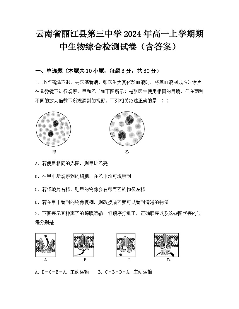 云南省丽江县第三中学2024年高一上学期期中生物综合检测试卷（含答案）第1页