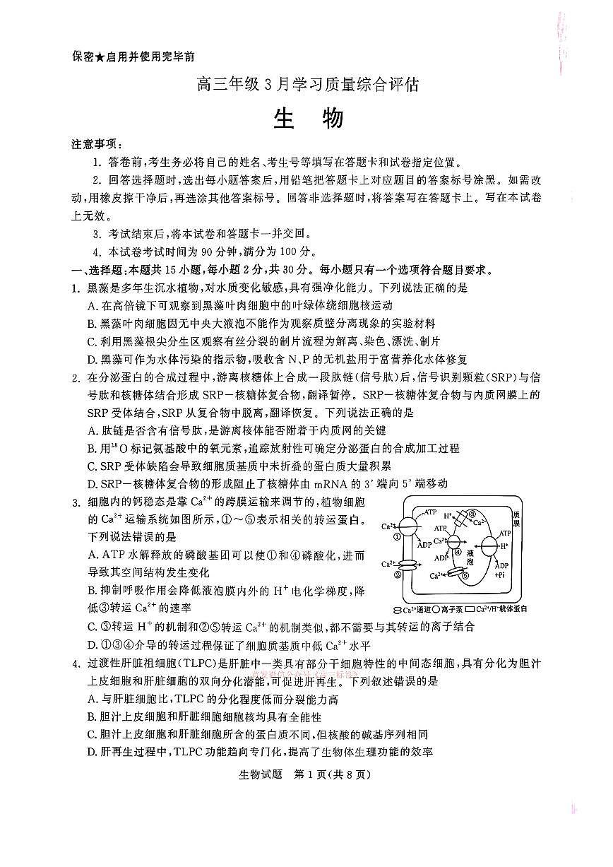 2026年潍坊高三下学期3月生物试题无答案第1页