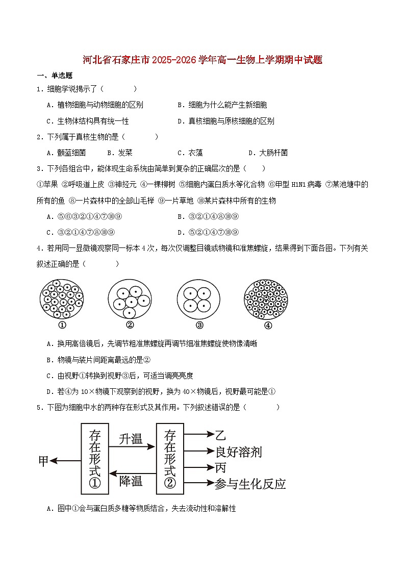 河北省石家庄市2025_2026学年高一生物上学期期中测试第1页