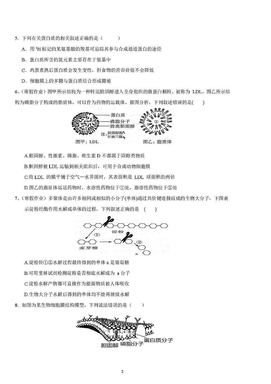 邵阳市第二中学2025-2026学年高一上学期入学测试生物试卷（含解析）含答案第2页