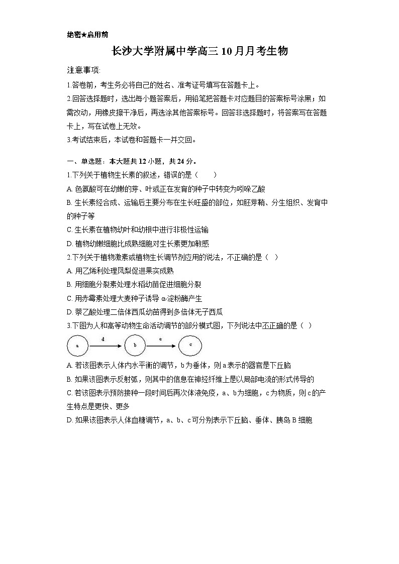 湖南省长沙大学附属中学2025-2026学年高三上学期10月月考生物试题（含答案）第1页