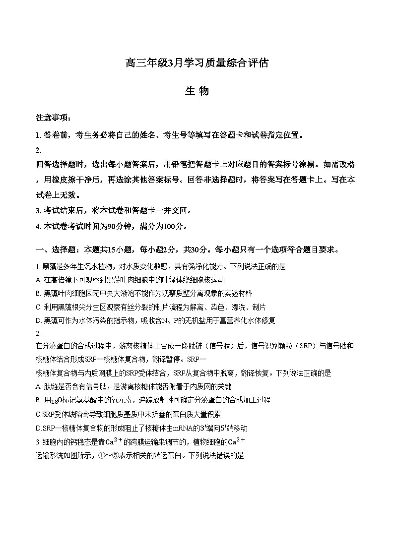 山东省潍坊市2025_2026学年高三年级下学期3月学习质量综合评估生物试题（文字版，含答案）第1页