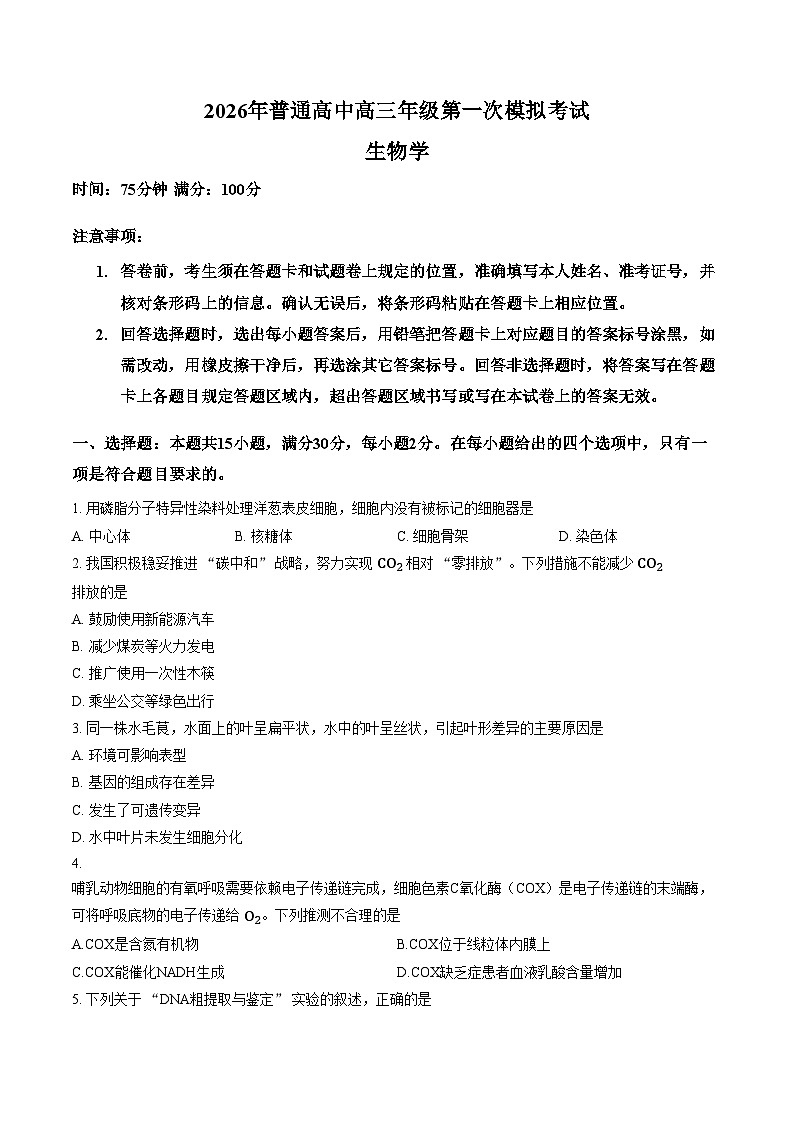 辽宁省辽阳市2026届高三第一次模拟考试生物试卷（文字版，含答案）第1页
